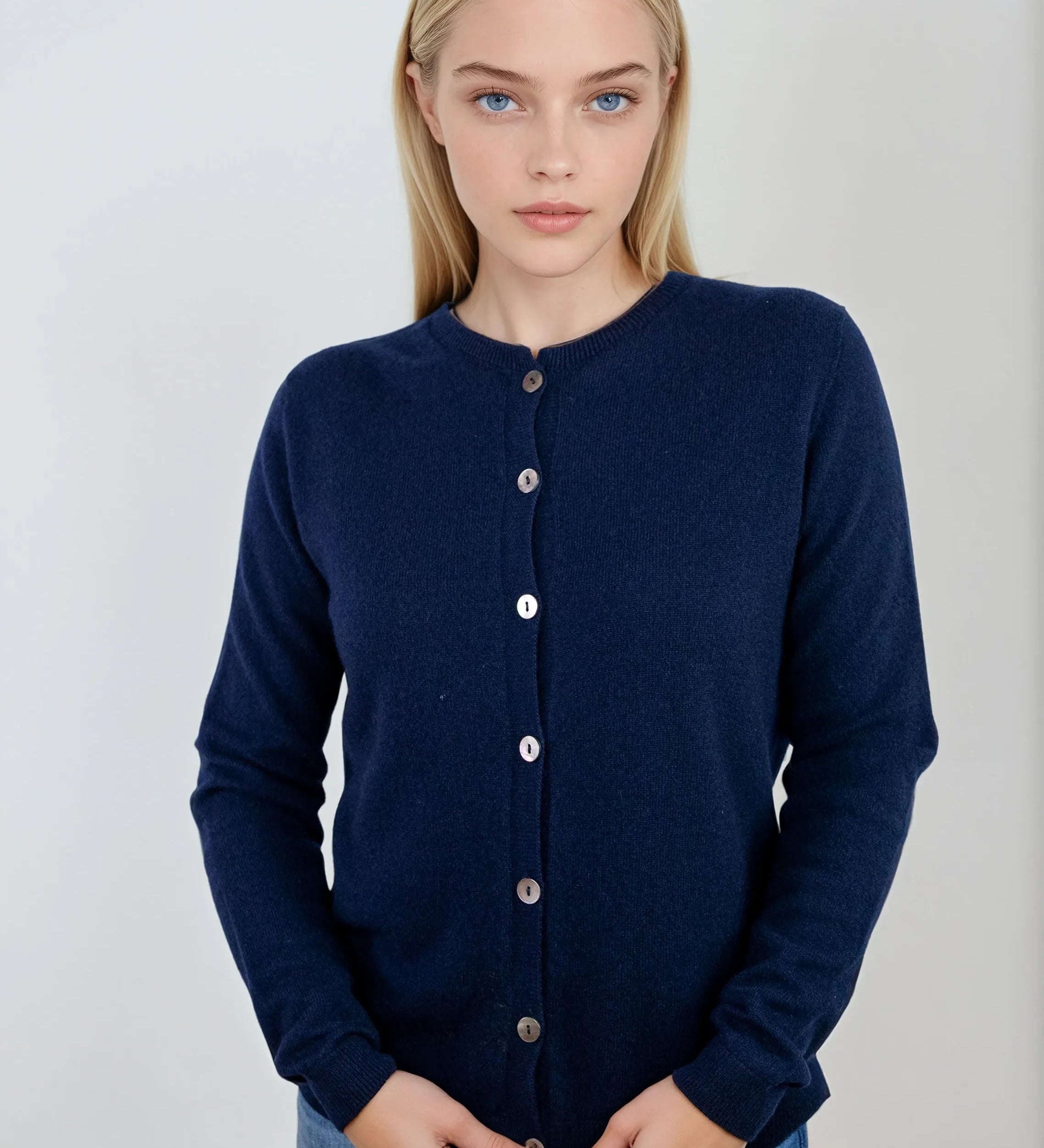 Classic navy blue cashmere Scottish cashmere sweater designed in Telluride and made in the USA. A versatile first layer for any wardrobe.