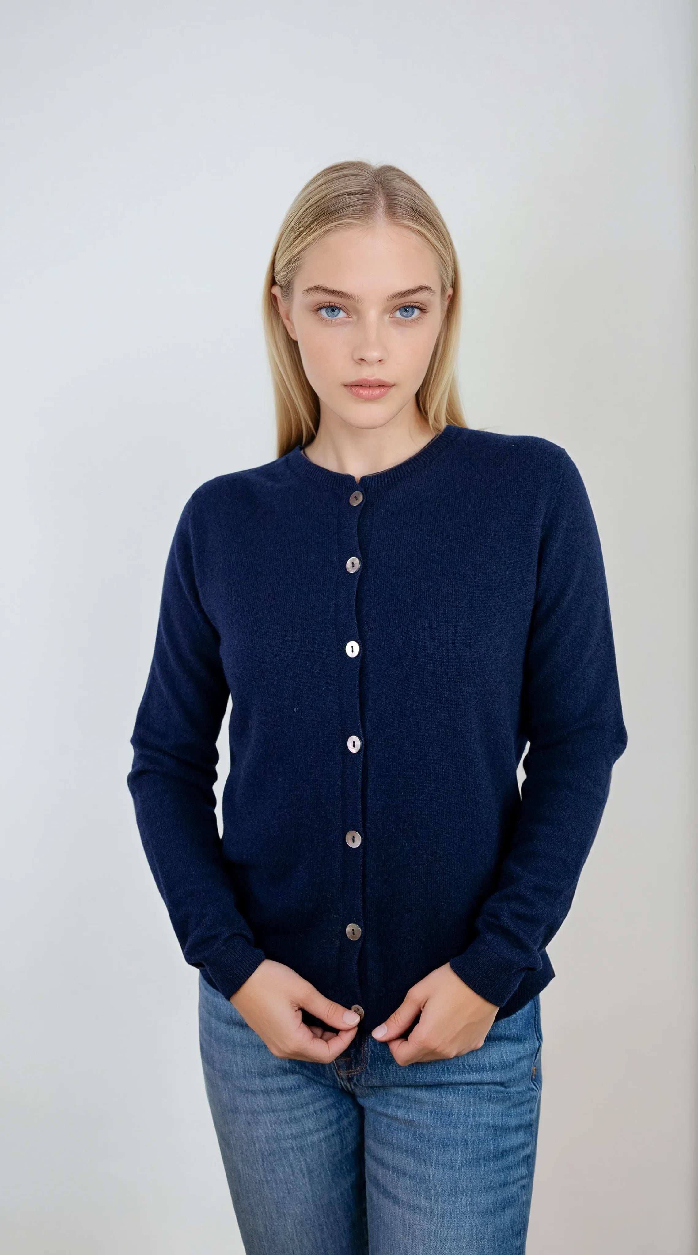 Classic navy blue cashmere Scottish cashmere sweater designed in Telluride and made in the USA. A versatile first layer for any wardrobe.