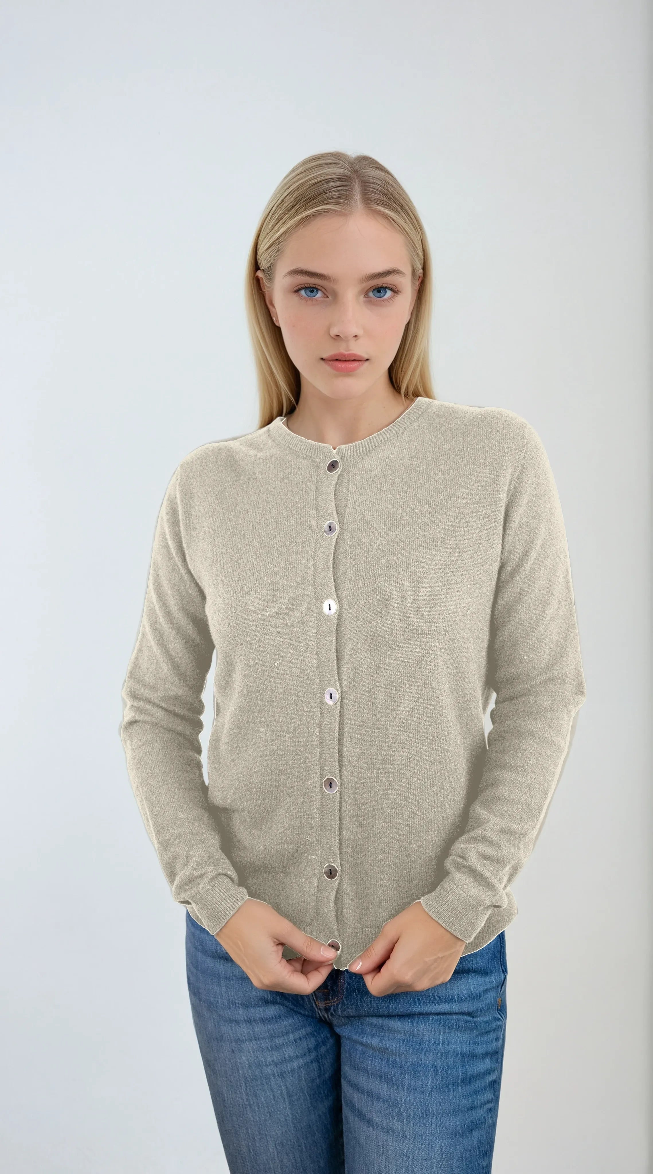 Classic off-white cashmere Scottish cashmere sweater designed in Telluride and made in the USA. A versatile first layer for any wardrobe.