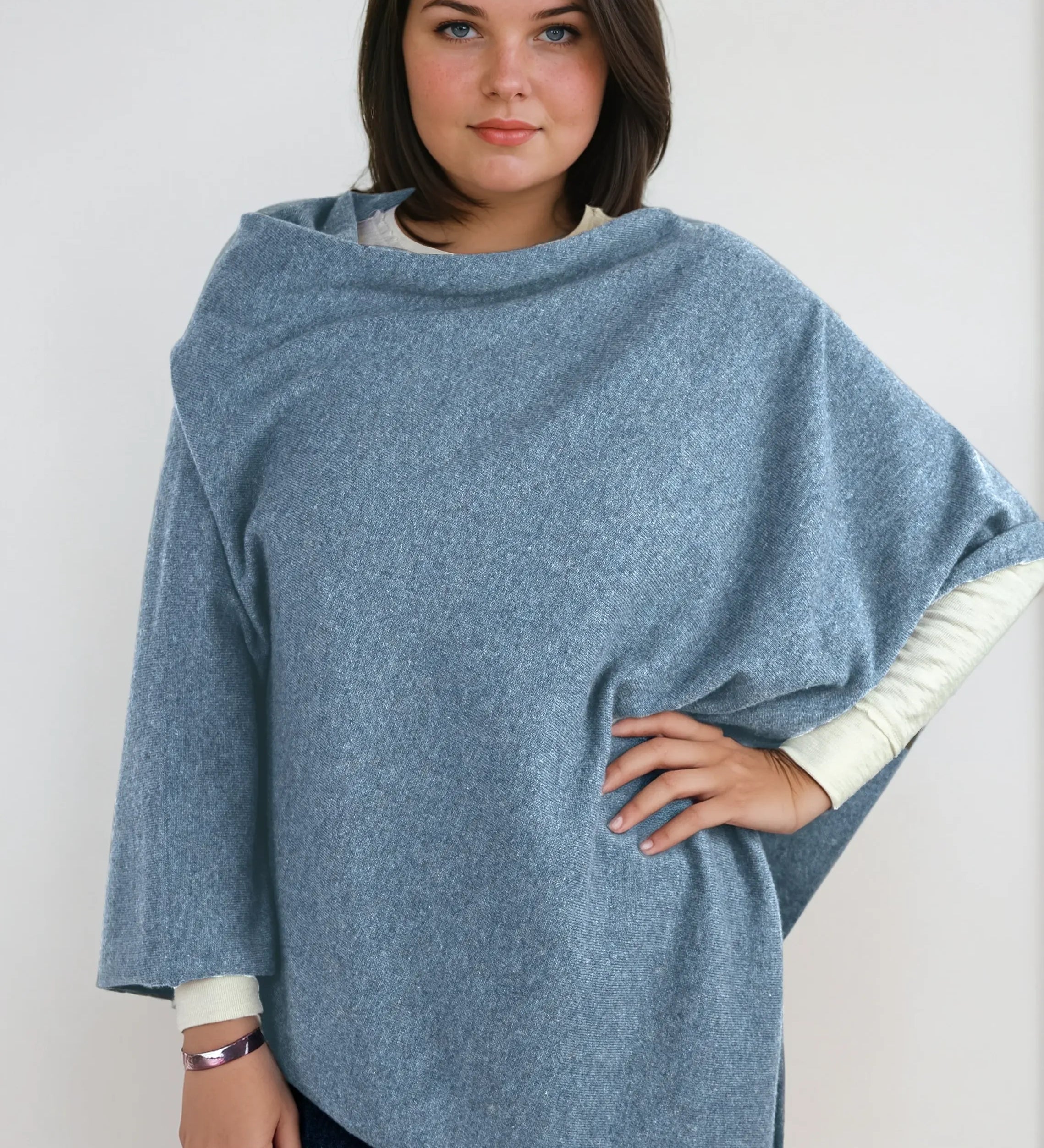 pale blue cashmere Scottish cashmere poncho designed in Telluride and made in the USA. A versatile, elegant winter wrap for all body types.