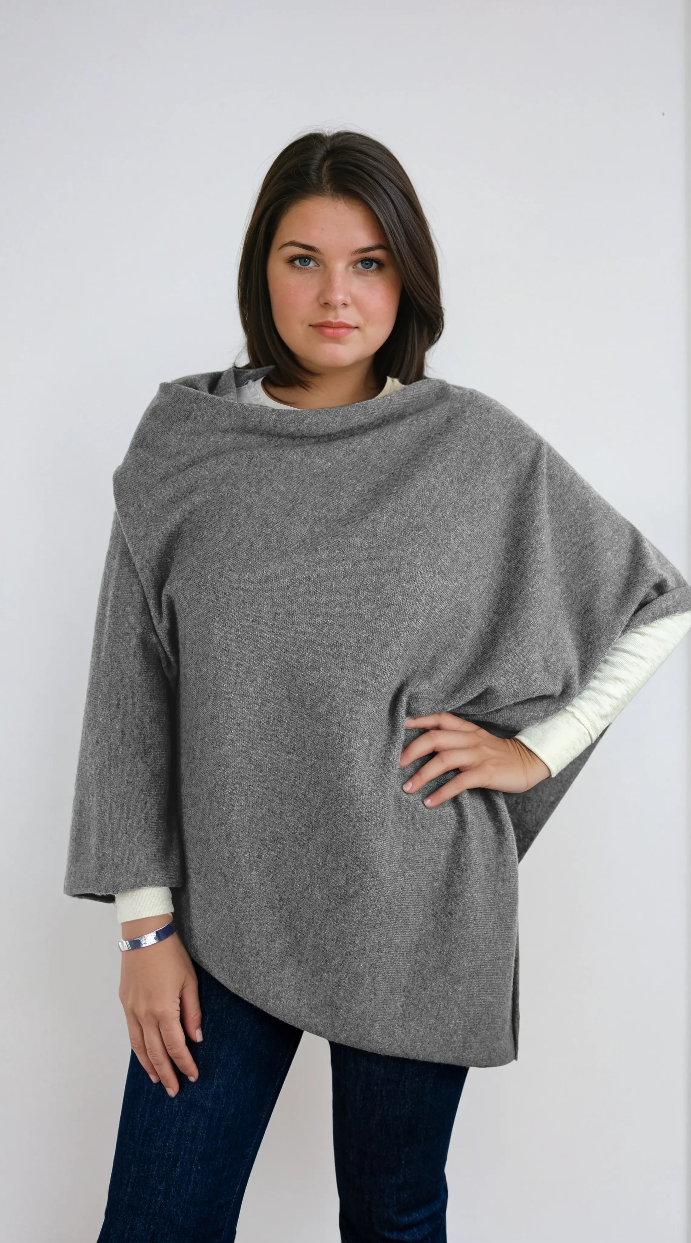 light gray cashmere Scottish cashmere poncho designed in Telluride and made in the USA. A versatile, elegant winter wrap for all body types.