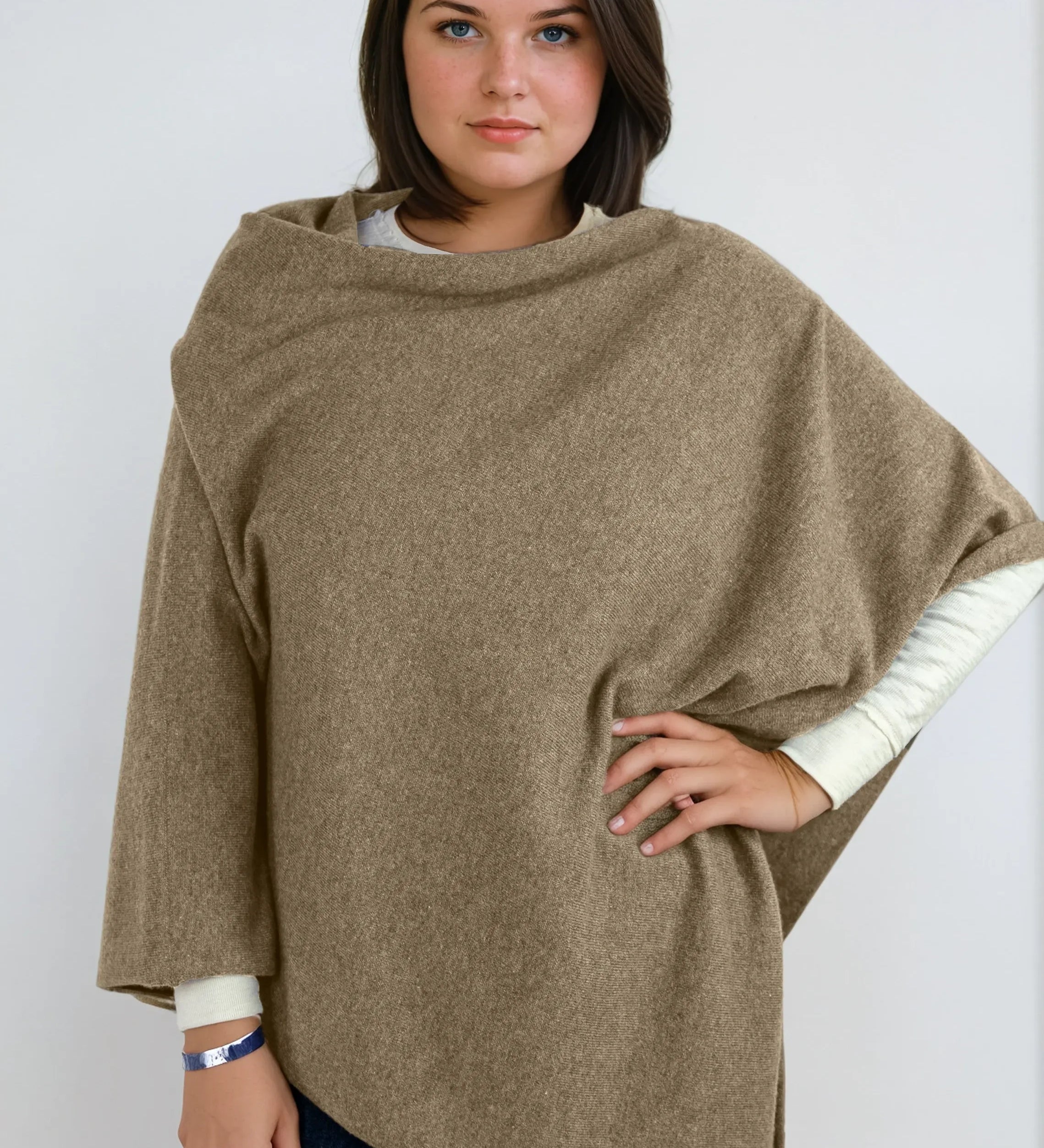 dark tan cashmere Scottish cashmere poncho designed in Telluride and made in the USA. A versatile, elegant winter wrap for all body types.
