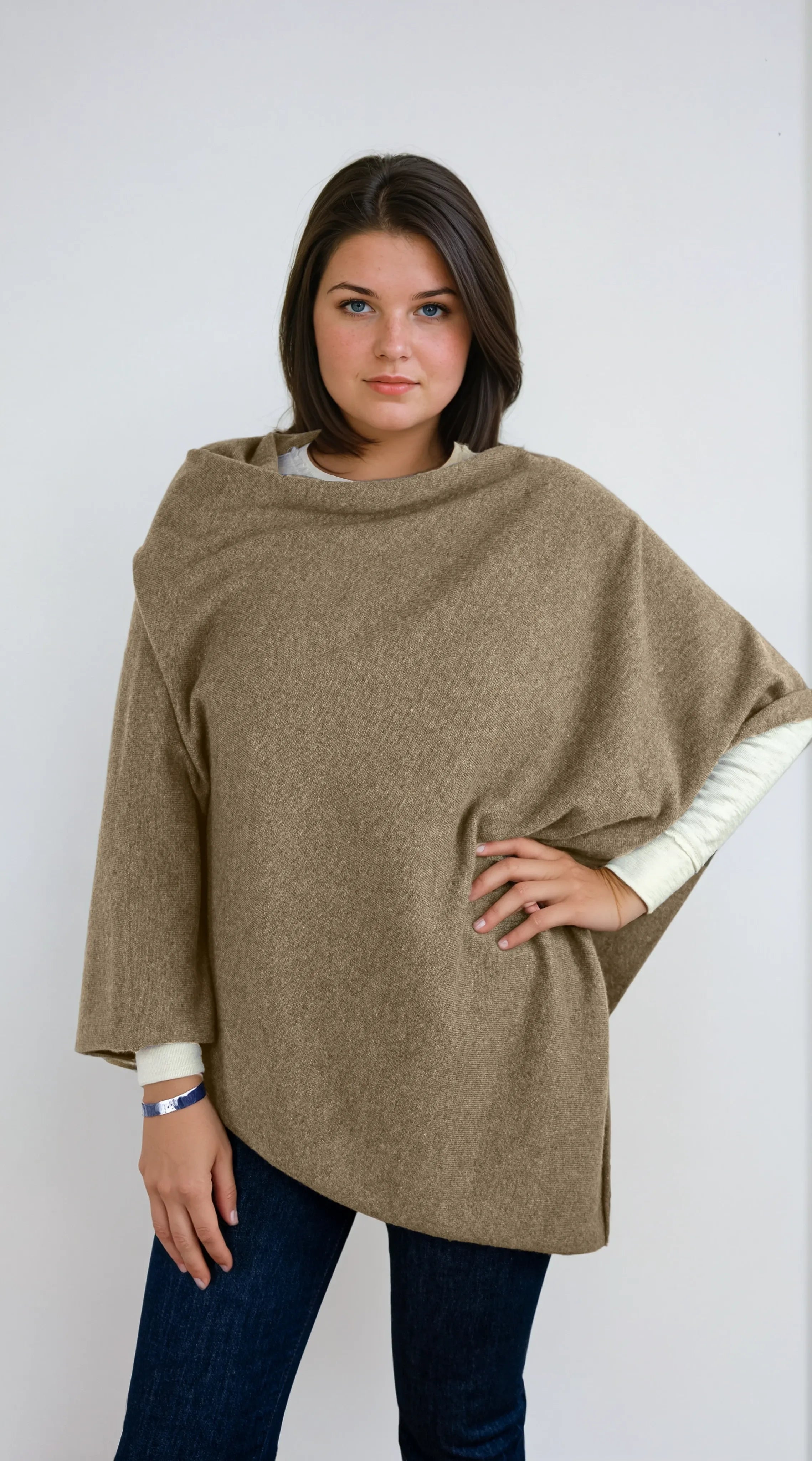 dark tan cashmere Scottish cashmere poncho designed in Telluride and made in the USA. A versatile, elegant winter wrap for all body types.