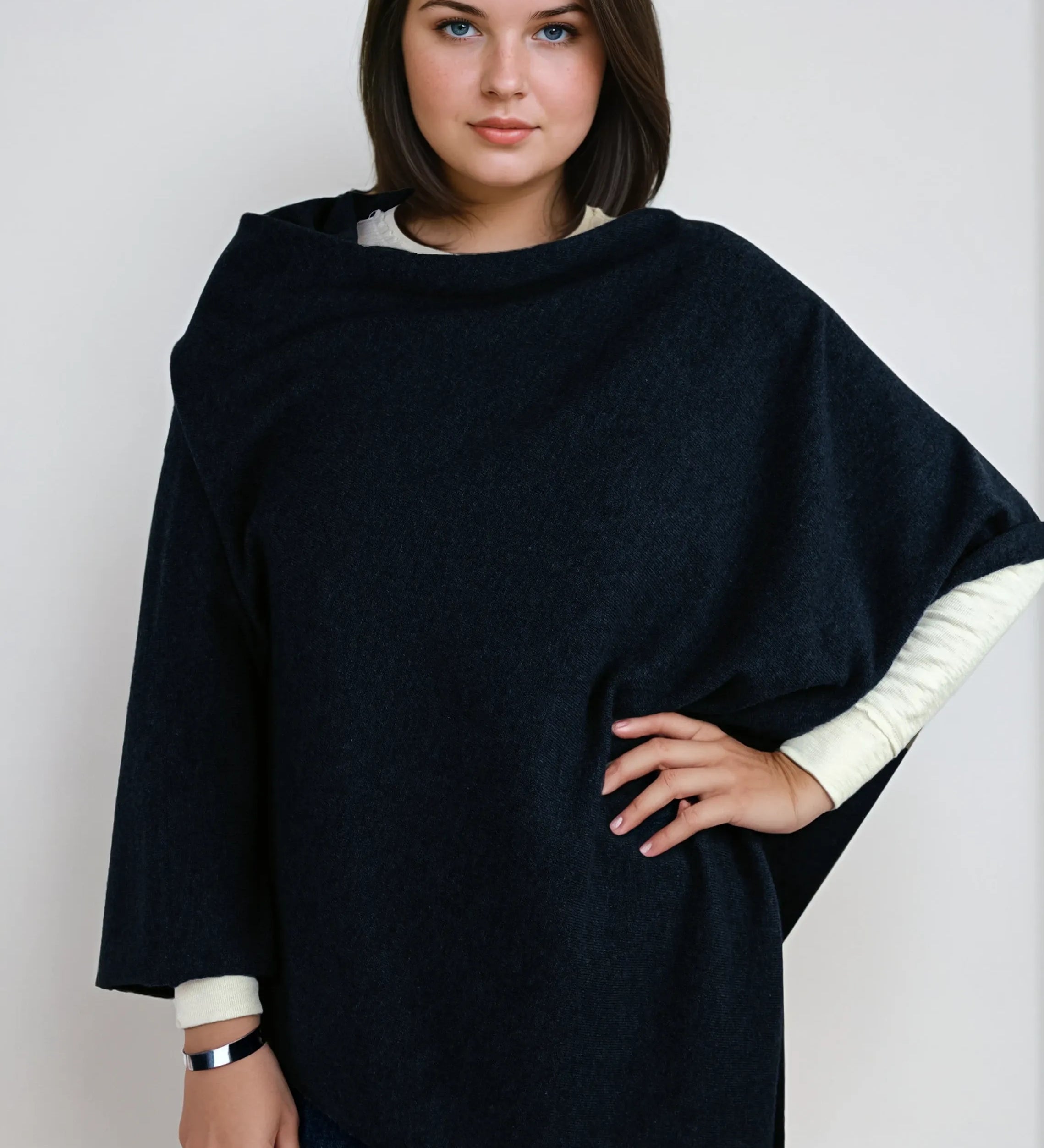navy blue cashmere Scottish cashmere poncho designed in Telluride and made in the USA. A versatile, elegant winter wrap for all body types.