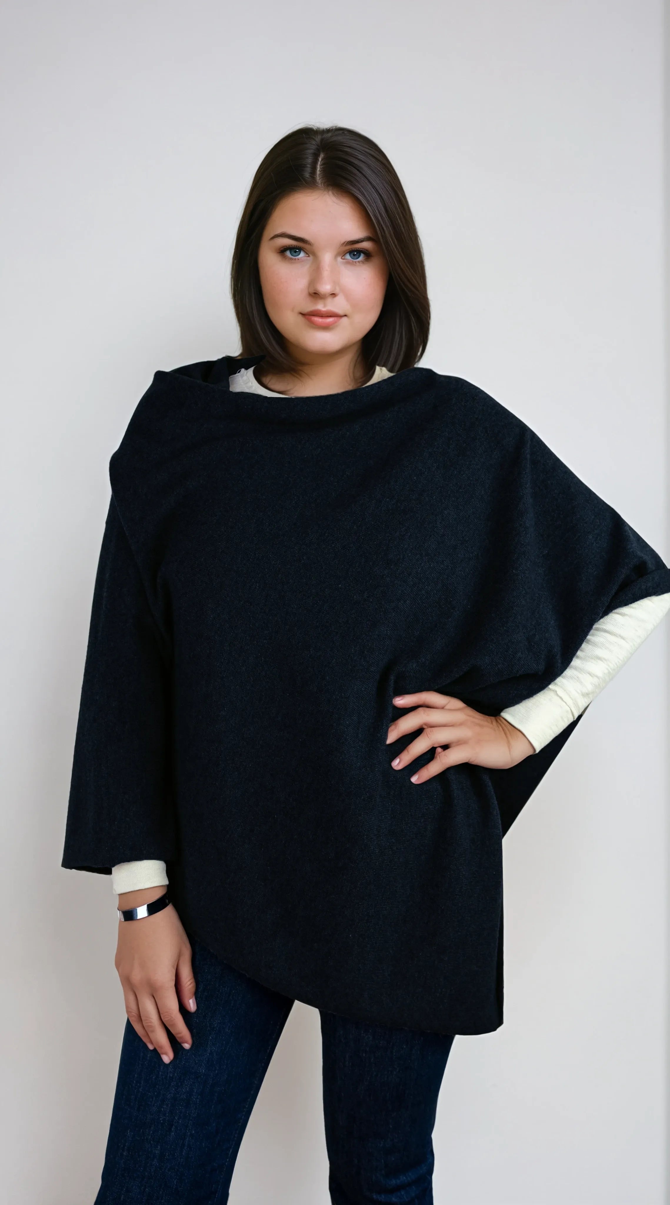 navy blue cashmere Scottish cashmere poncho designed in Telluride and made in the USA. A versatile, elegant winter wrap for all body types.