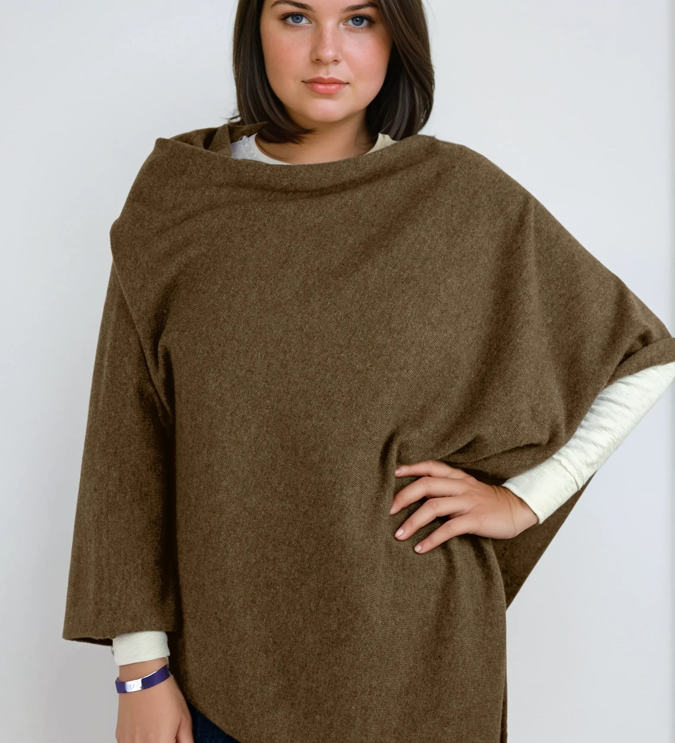 natural brown cashmere Scottish cashmere poncho designed in Telluride and made in the USA. A versatile, elegant winter wrap for all body types.