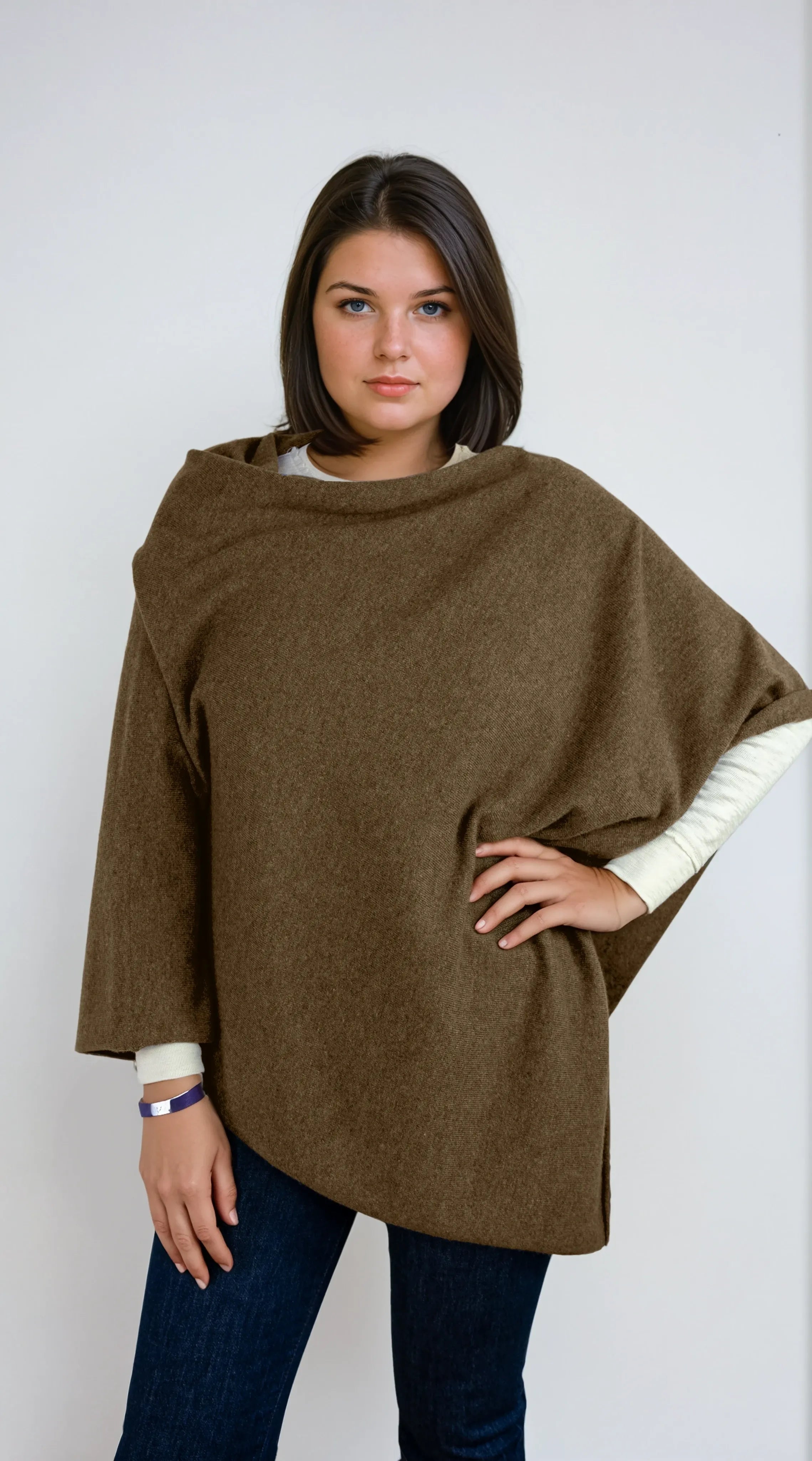 natural brown cashmere Scottish cashmere poncho designed in Telluride and made in the USA. A versatile, elegant winter wrap for all body types.
