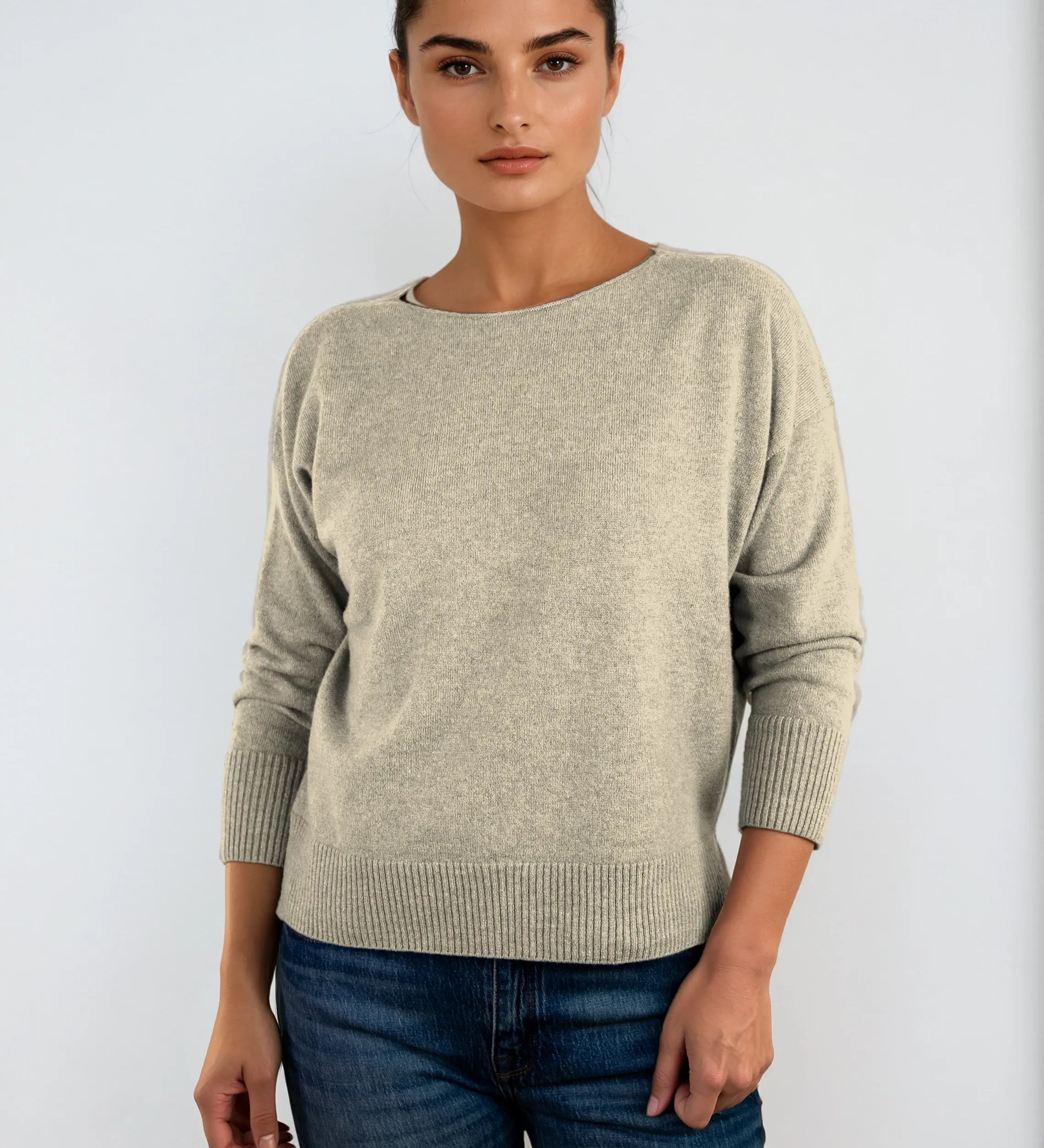 Three-quarter sleeve boatneck cashmere sweater designed in Telluride and made in the USA. Soft, flattering, and easy to wear.