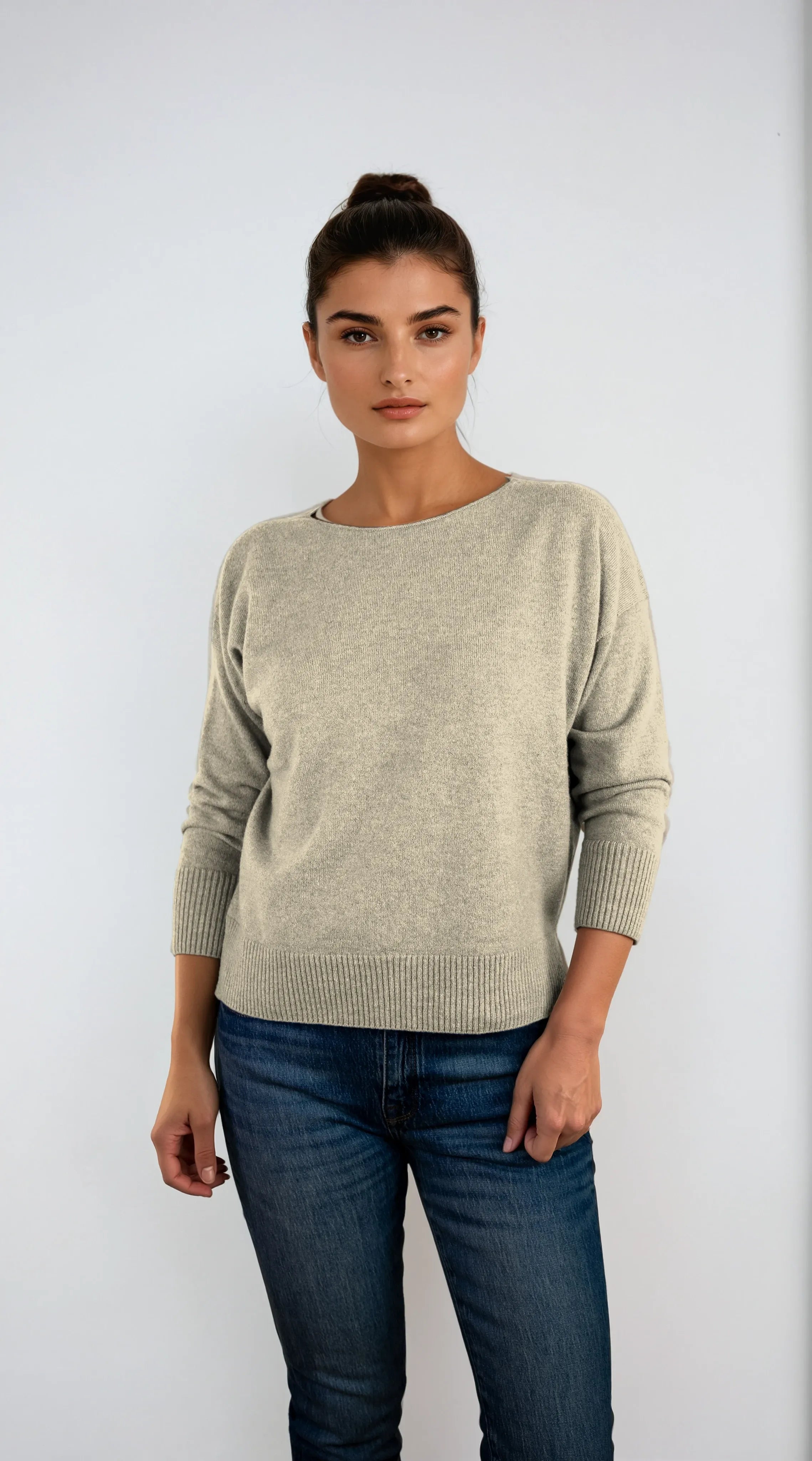 Three-quarter sleeve boatneck cashmere sweater designed in Telluride and made in the USA. Soft, flattering, and easy to wear.