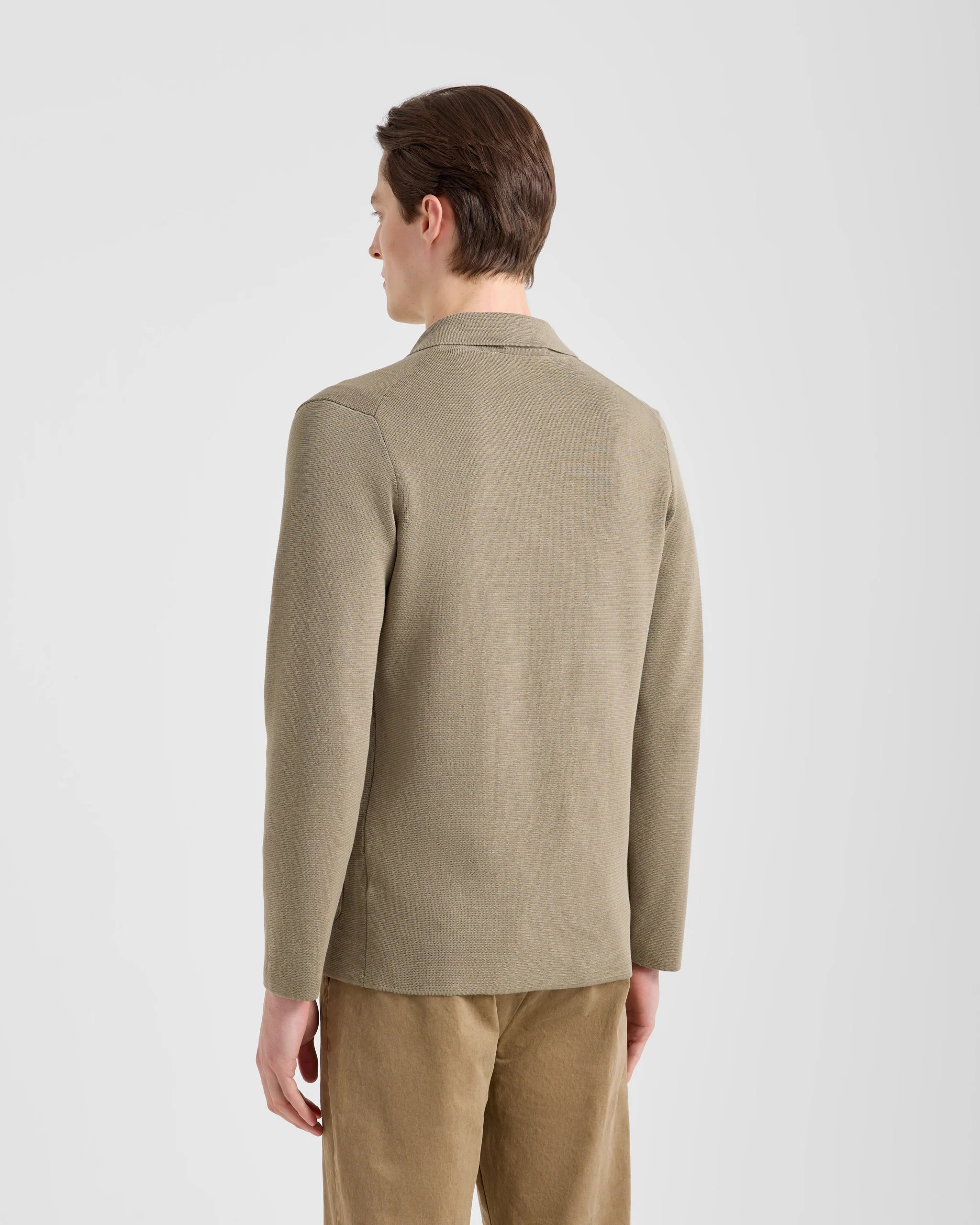 Back view of men's Italian knit blazer by Filippo De Laurentiis in breathable crepe cotton