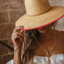 Freya Fiji women’s Panama hat handwoven from Paja Toquilla straw with a broad brim and leather chin strap