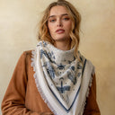 Freya Gaia Cashmere Bandana in 100% cashmere with hand-drawn medicinal plant and botanical illustrations