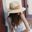 Freya Gardenia women’s Panama hat in tan Paja Toquilla straw with an oversized honey grosgrain band