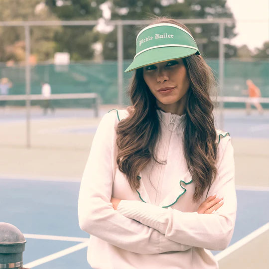 Freya Pickle Baller green pickleball visor with broad brim and sports sweatband