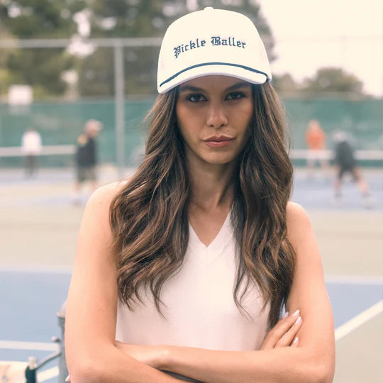 Freya Pickle Baller white trucker hat with pickleball design – women’s adjustable mesh cap