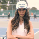 Freya Pickle Baller white trucker hat with pickleball design – women’s adjustable mesh cap