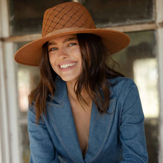 Freya Sequoia Panama hat with diamond-patterned crown, mauve ribbon, and brass chain – front view