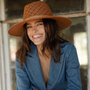 Freya Sequoia Panama hat with diamond-patterned crown, mauve ribbon, and brass chain – front view