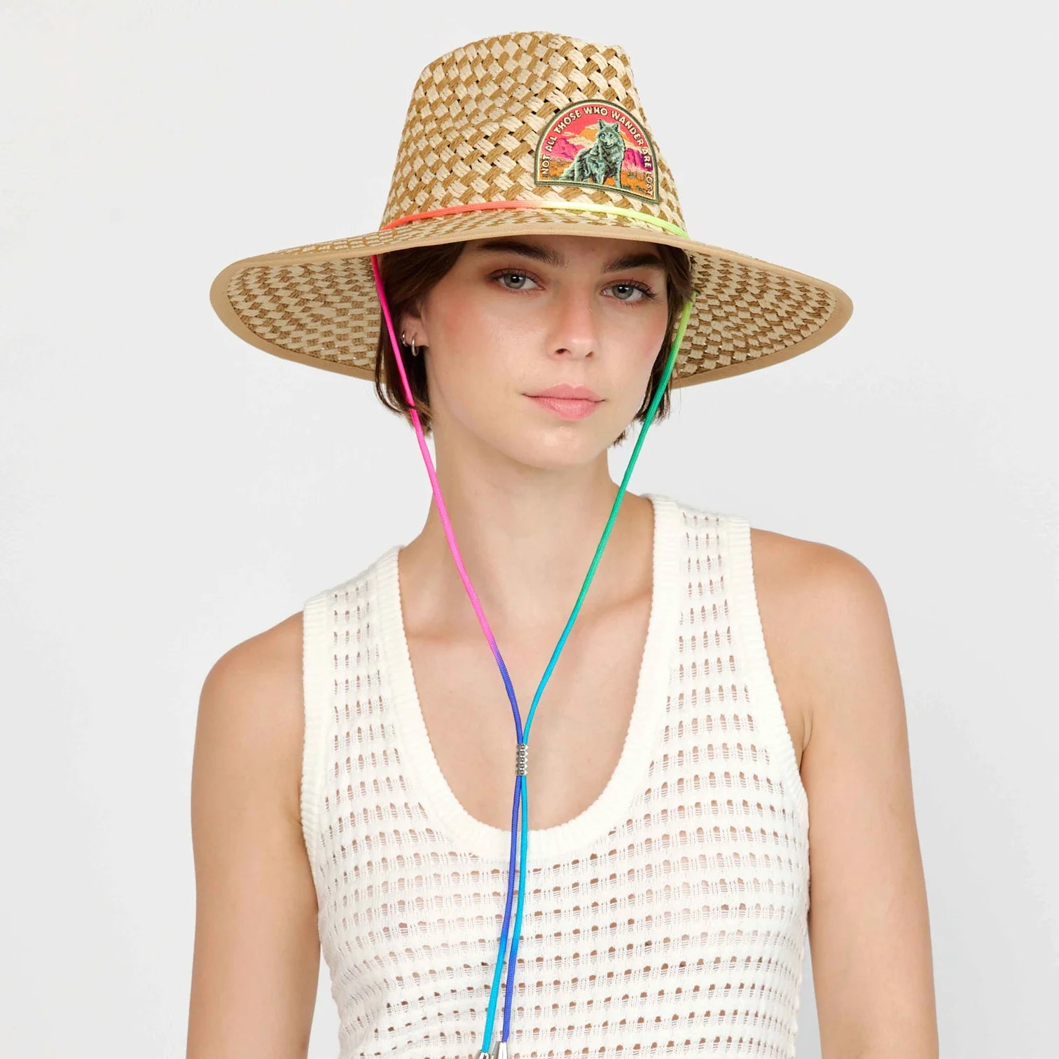 Side view of Freya wolf lifeguard hat with ombre neon chin strap and eco-friendly straw design