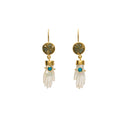 Grainne Morton Hand Earrings with mother of pearl hand charms, turquoise bracelet details, and antique button drops