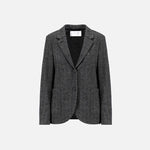 Close-up of Harris Wharf Stand-Up Collar Boyfriend Blazer showing Italian-made moleskin fabric, collar button closure, and raw-edge finish