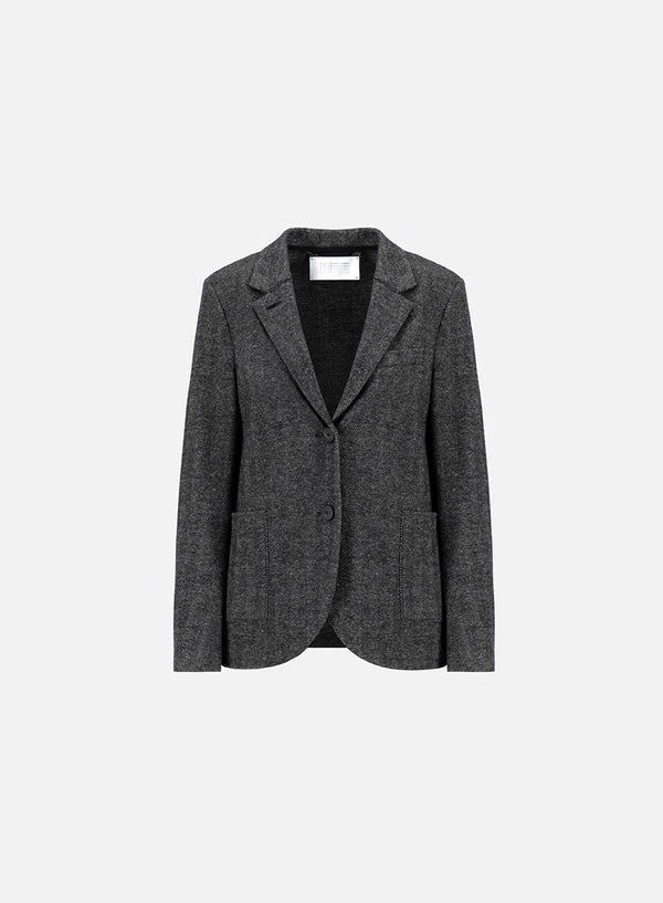 Close-up of Harris Wharf Stand-Up Collar Boyfriend Blazer showing Italian-made moleskin fabric, collar button closure, and raw-edge finish