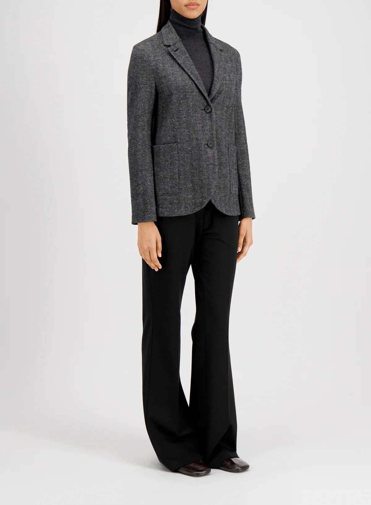 Harris Wharf Stand-Up Collar Boyfriend Blazer in Salt & Pepper patterned moleskin, unlined Italian-made blazer with patch pockets, front view
