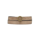Close-up of Il Bisonte Bigallo belt showing round logo-engraved buckle in polished metal