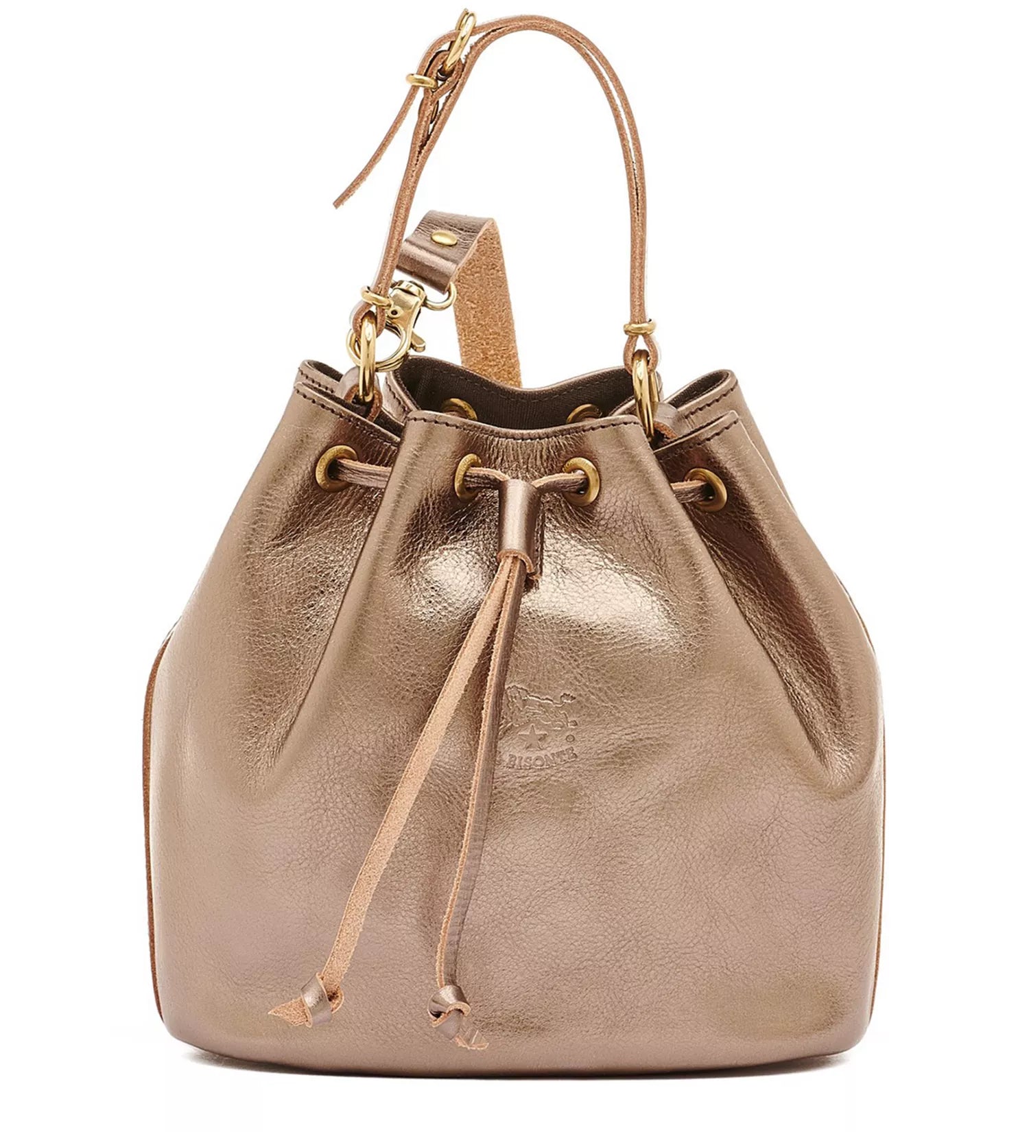 Il Bisonte leather bucket bag in metallic bronze Italian leather with drawstring closure