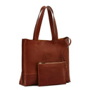 Close-up of vegetable-tanned Tuscan leather craftsmanship on Il Bisonte Talamone tote bag