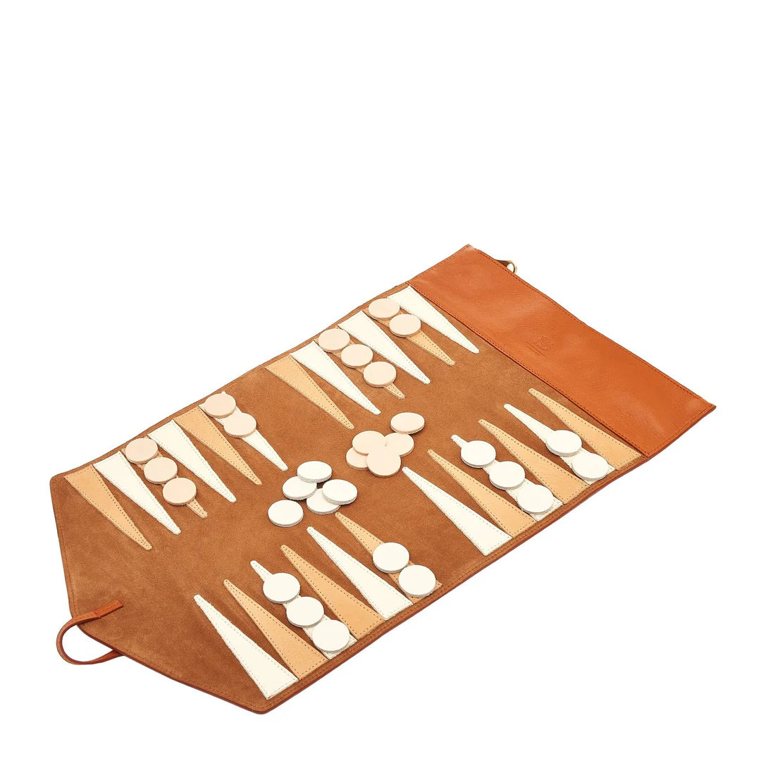 Open Il Bisonte leather backgammon set with two-tone suede and leather playing surface