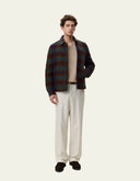 Les Deux Check Wool Zipper Coach Jacket in forest green, burgundy, navy, and rust with a two-way zip