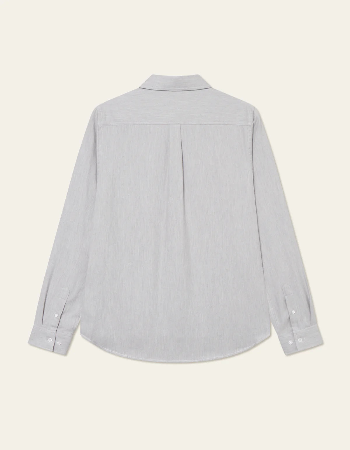 Back view of Les Deux Desert Reg Shirt in Grey Mélange brushed cotton, slim fit with center box pleat