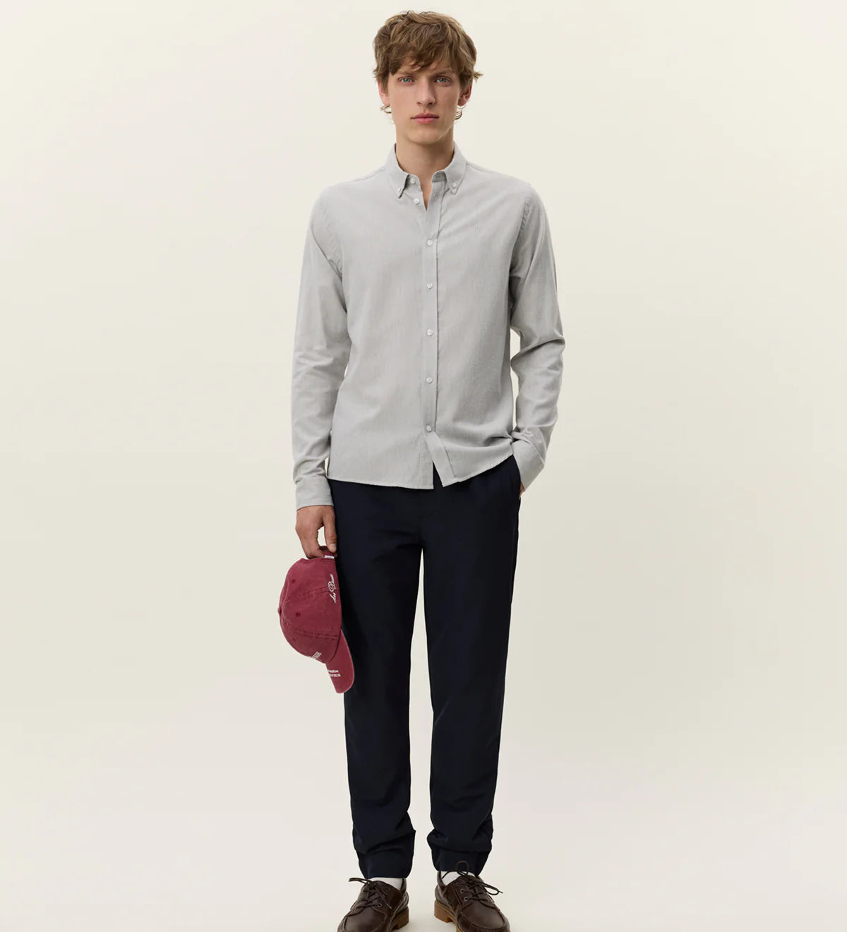Les Deux Desert Reg Shirt in Grey Mélange brushed cotton, slim fit with button-down collar and tonal Encore embroidery, front view