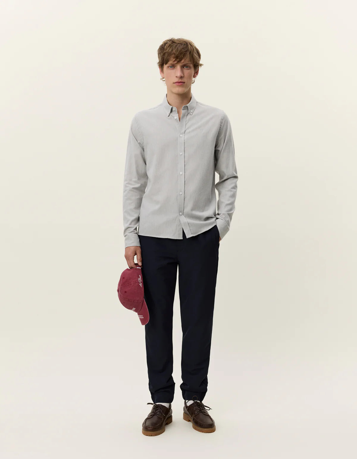 Les Deux Desert Reg Shirt in Grey Mélange brushed cotton, slim fit with button-down collar and tonal Encore embroidery, front view