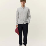 Les Deux Desert Reg Shirt in Grey Mélange brushed cotton, slim fit with button-down collar and tonal Encore embroidery, front view