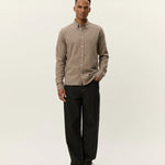 Les Deux Desert Reg Shirt in Lead Grey brushed cotton, slim fit with contrast buttons and tonal Encore chest embroidery, front view
