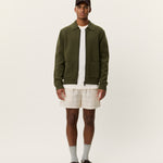 Men's cotton Milano knit overshirt by Les Deux in olive with zip front and structured design