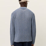 Back view of men's cotton lace knit shirt by Les Deux in dark denim blue with a regular fit and breathable knit structure