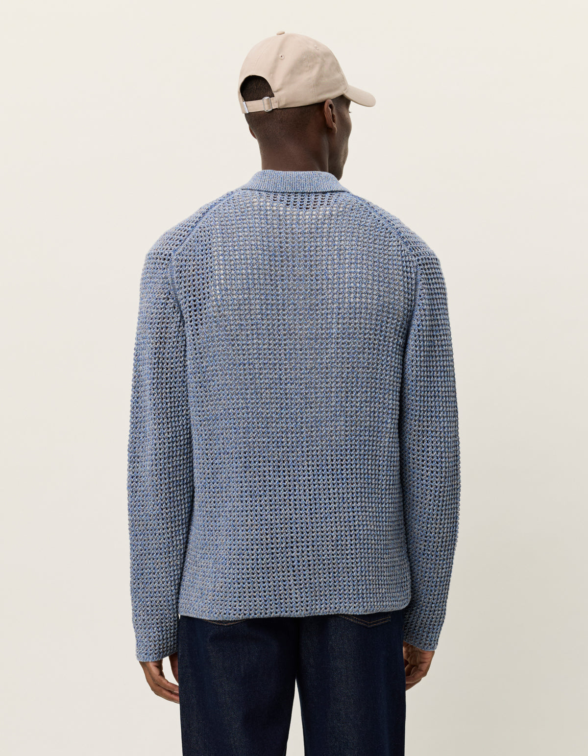 Back view of men's cotton lace knit shirt by Les Deux in dark denim blue with a regular fit and breathable knit structure
