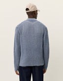 Back view of men's cotton lace knit shirt by Les Deux in dark denim blue with a regular fit and breathable knit structure
