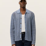 Men's long sleeve lace knit shirt by Les Deux in dark denim blue with button front and textured cotton knit
