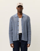 Men's long sleeve lace knit shirt by Les Deux in dark denim blue with button front and textured cotton knit