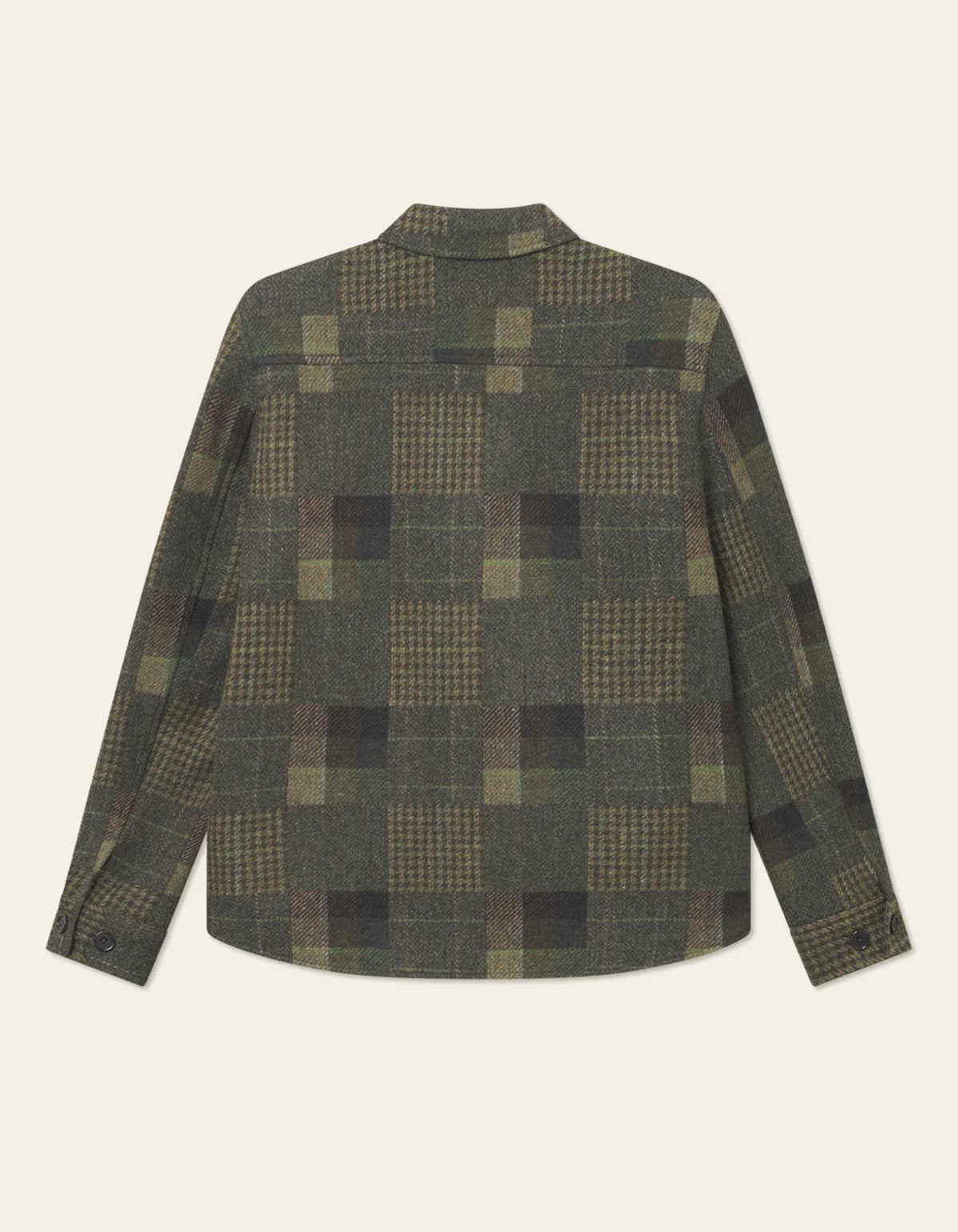 Back view of Les Deux Kody Patchwork Wool Overshirt, heavyweight merino wool shirt jacket with classic collar and tailored cuffs