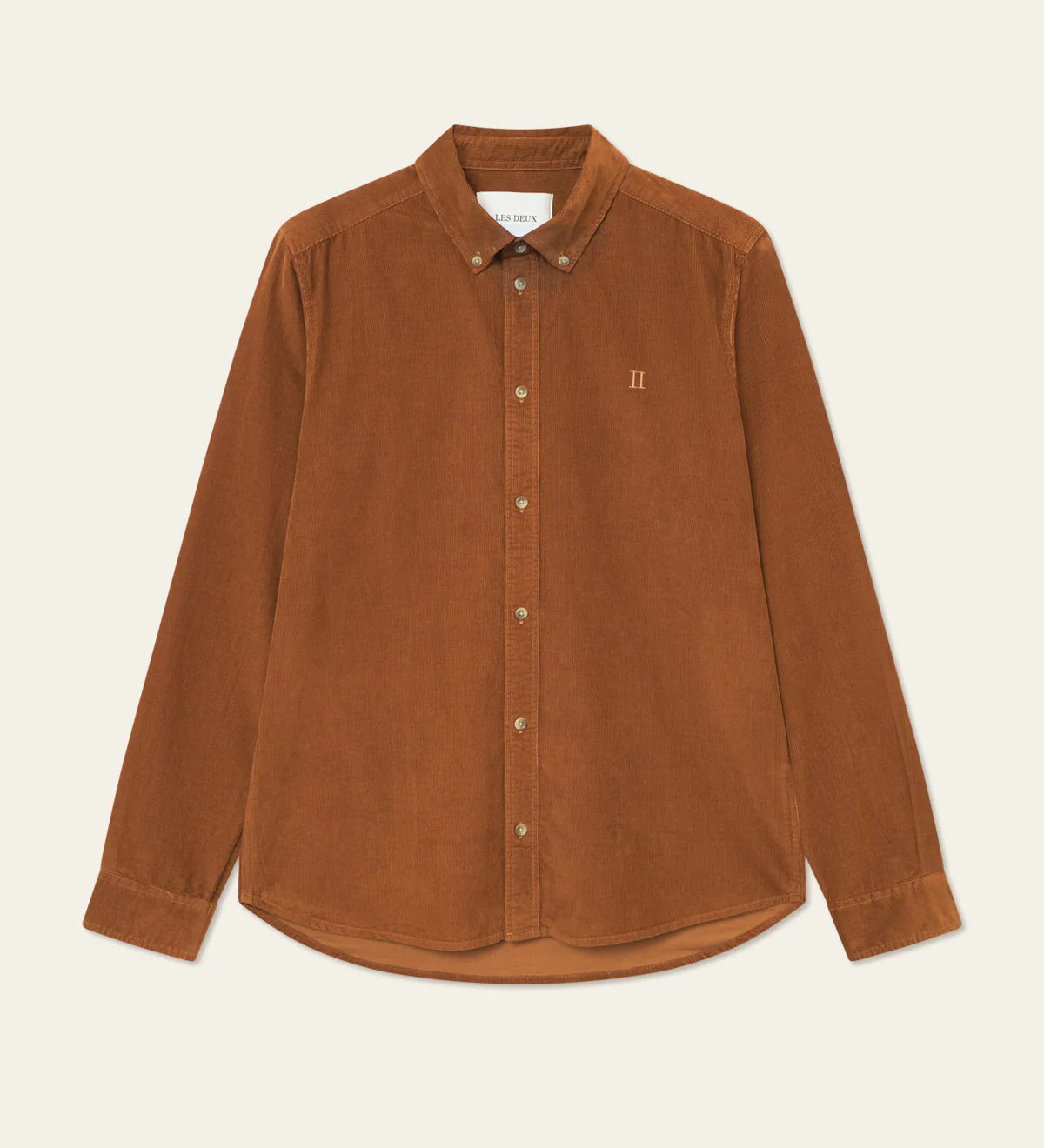 Les Deux Konrad Shirt in fine organic cotton corduroy with button-down collar and tonal Encore embroidery, front view