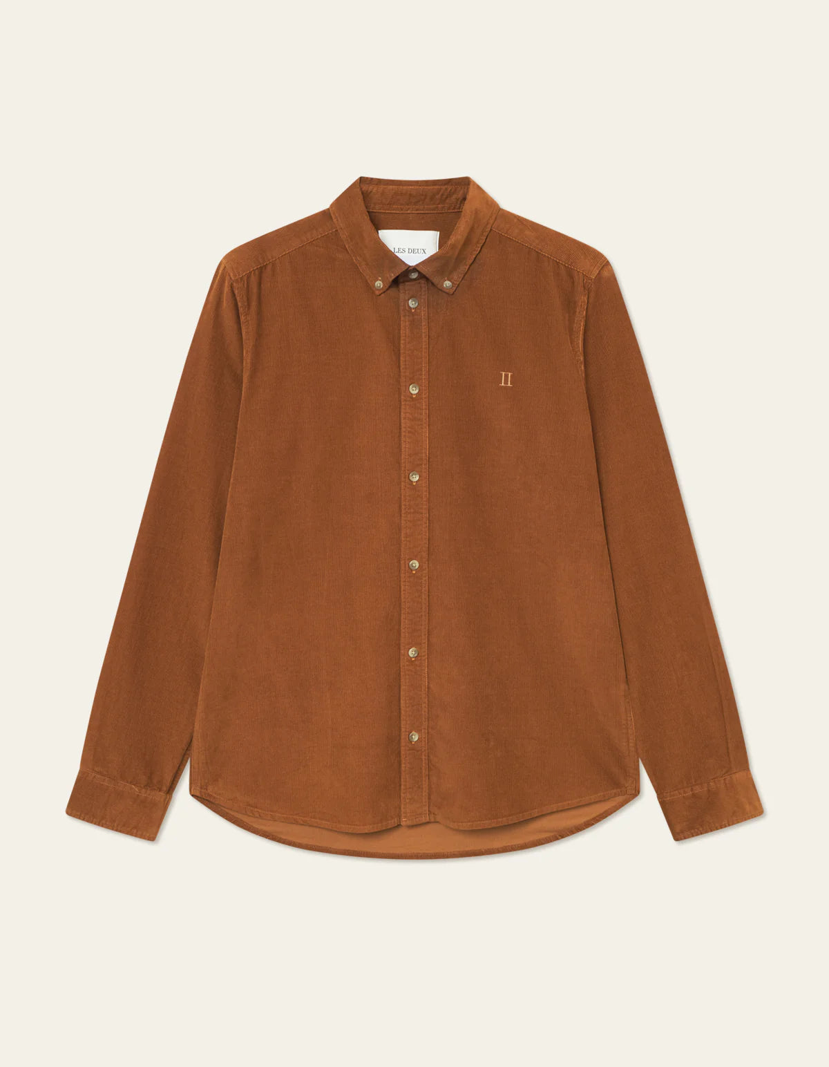 Les Deux Konrad Shirt in fine organic cotton corduroy with button-down collar and tonal Encore embroidery, front view