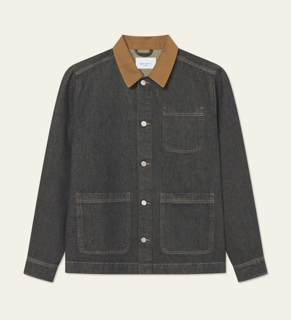 Les Deux Layton Denim Overshirt in heavy cotton twill with contrast canvas collar and branded metal buttons, front view