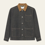 Les Deux Layton Denim Overshirt in heavy cotton twill with contrast canvas collar and branded metal buttons, front view