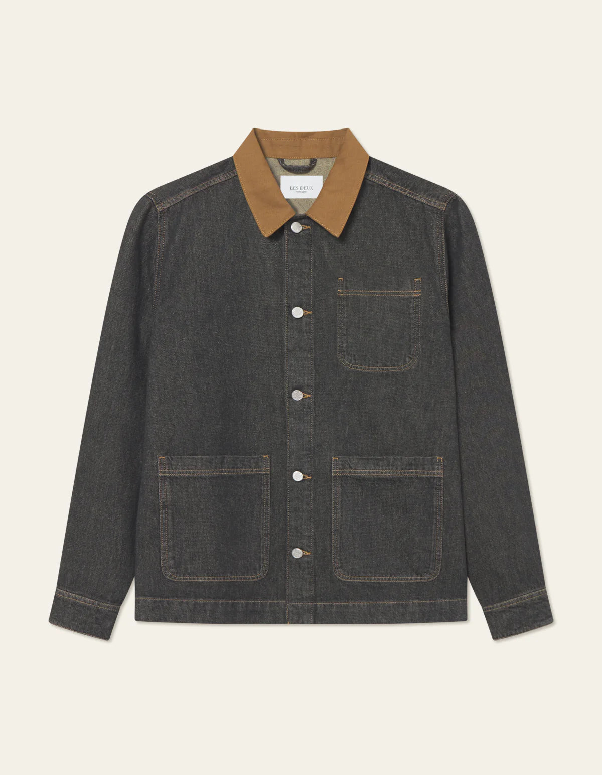 Les Deux Layton Denim Overshirt in heavy cotton twill with contrast canvas collar and branded metal buttons, front view