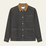 Les Deux Layton Denim Overshirt in heavy cotton twill with contrast canvas collar and branded metal buttons, front view